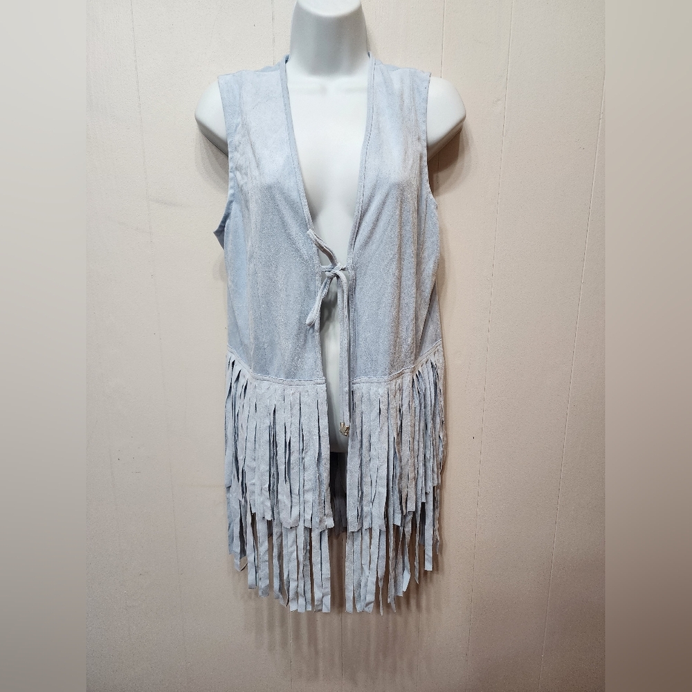 New Directions Vest Medium Fringe Blue Casual Boho Preppy‎ Soft Tassles C153 Z